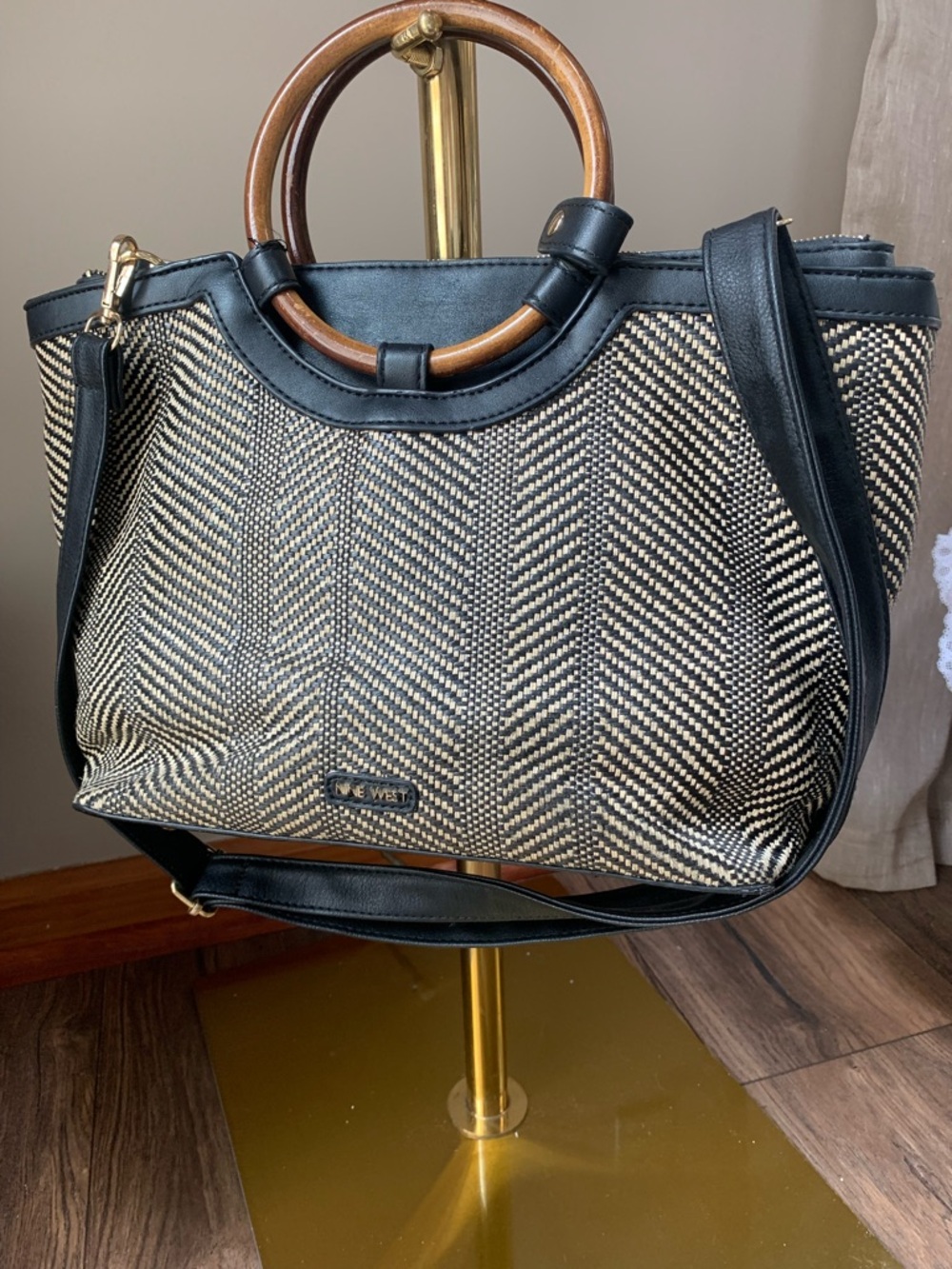 Nine West Black & Tan Woven Hobo Ba with Wooden Ring Handles and Crossbody Strap